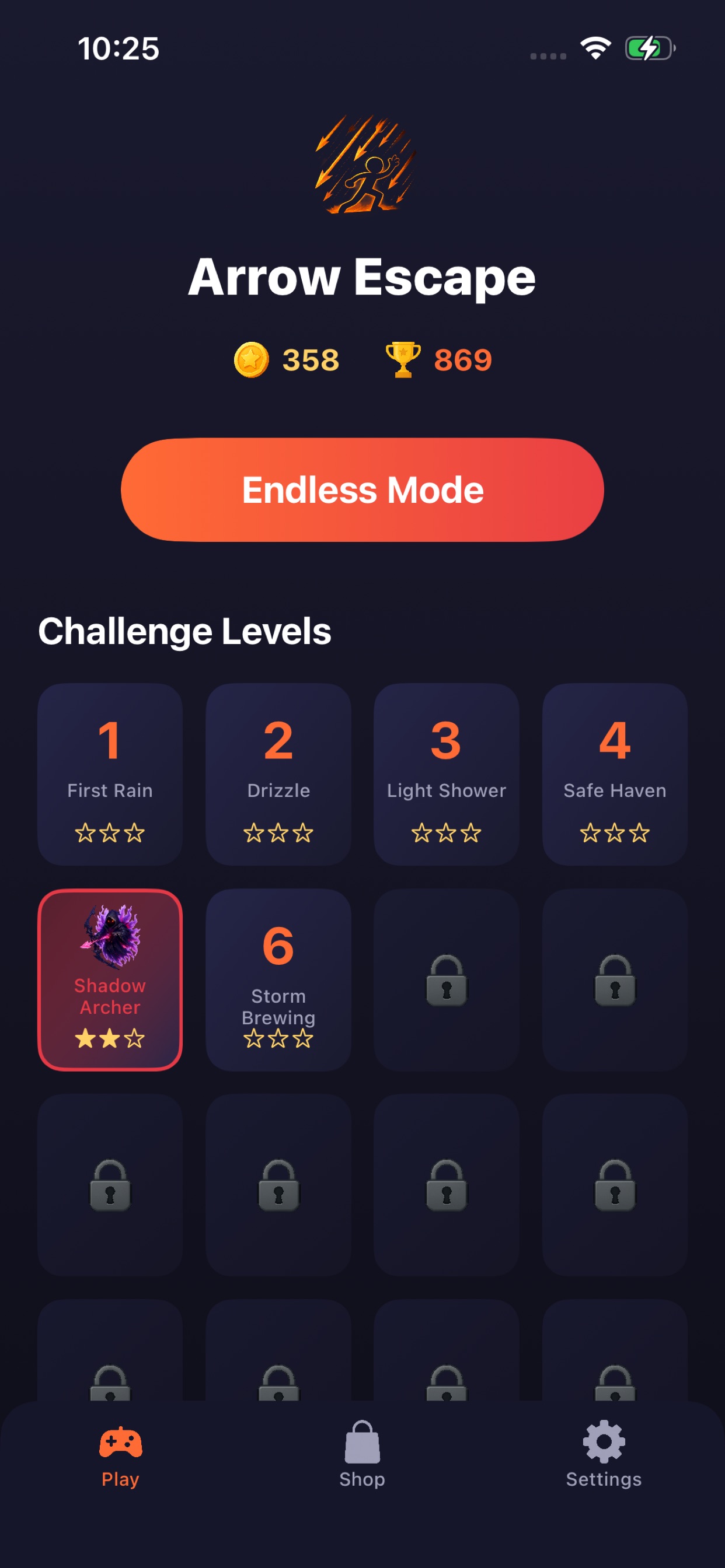 Arrow Escape on iPhone: main play screen with challenge levels and Endless Mode